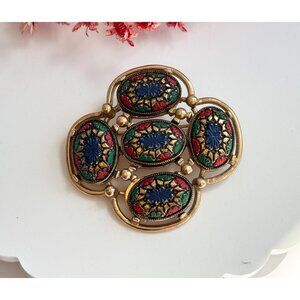 Sarah Coventry 1968 Gold T "Light of the East" Enameled Vintage Lapel Brooch Pin